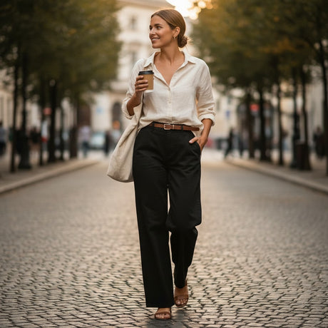 Woman wearing black pants and a white blouse walking on a street holding a coffee cup
