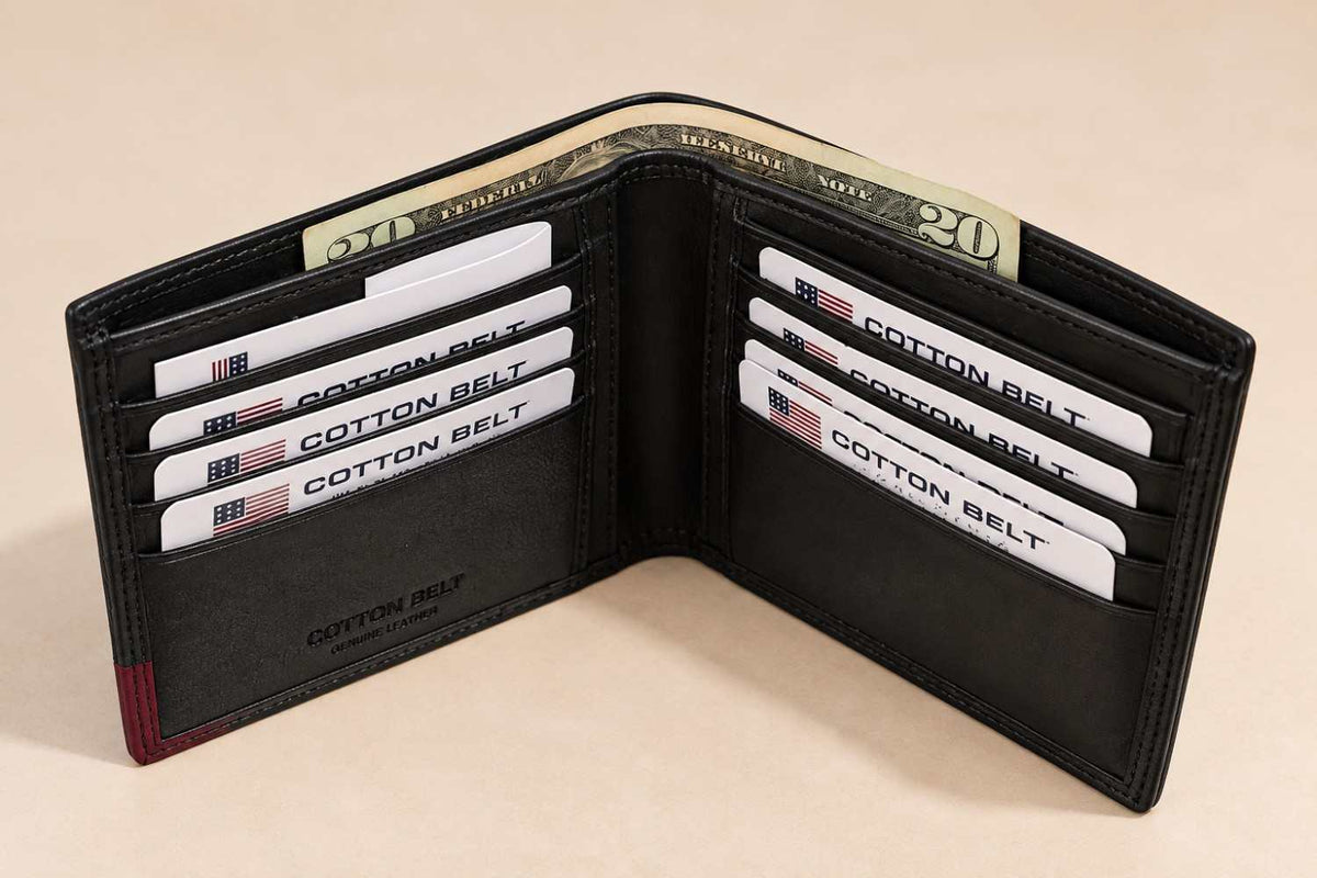 Black leather bifold wallet with a burgundy corner, open with notes and cards inside