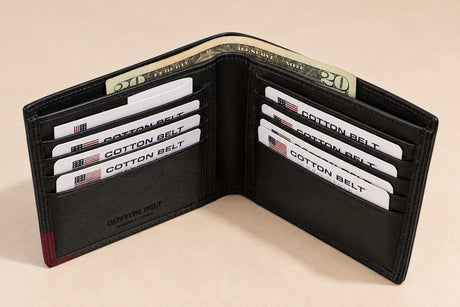 Black leather bifold wallet with a burgundy corner, open with notes and cards inside