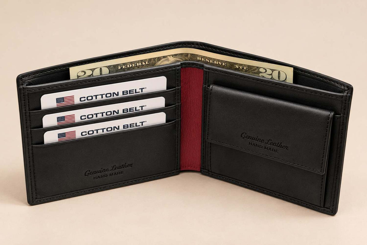 Opened black wallet showing red leather at the fold and a coin purse opposite the cards