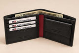 Opened black wallet showing red leather at the fold and a coin purse opposite the cards