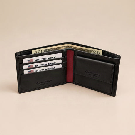 Opened black wallet showing red leather at the fold and a coin purse opposite the cards