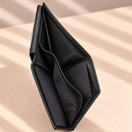 Upright black leather wallet opened slightly to show its inner pockets