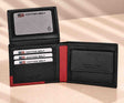 Clear window for ID lifted above three cards, with a red spine on black leather