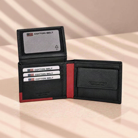 Clear window for ID lifted above three cards, with a red spine on black leather