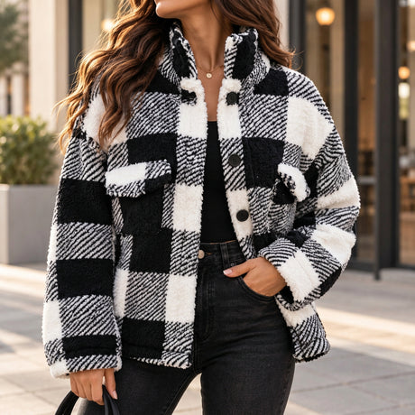 Woman in a black and white buffalo check sherpa shacket over a black top and black jeans