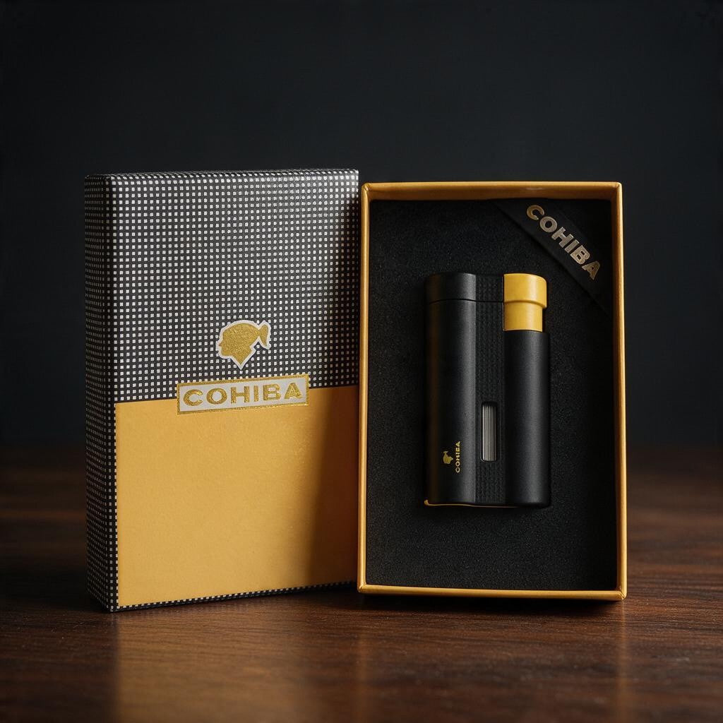 Matte black twin barrel cigar lighter with a yellow cap beside its patterned gift box lid