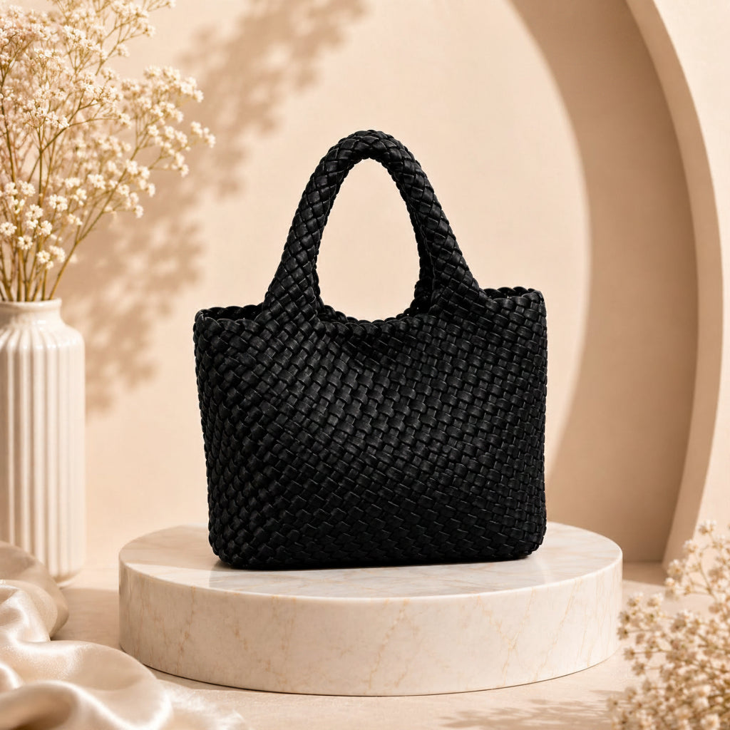 Black woven handbag on a white pedestal with a beige background and price tag.