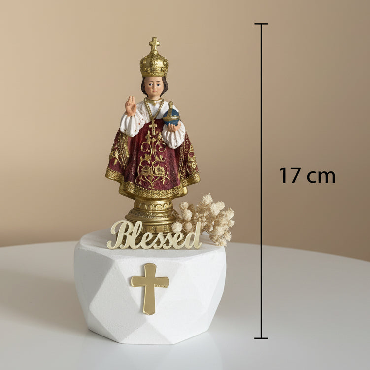 Gold embroidered burgundy mantle, gilt crown and a blue orb, marked 17 cm