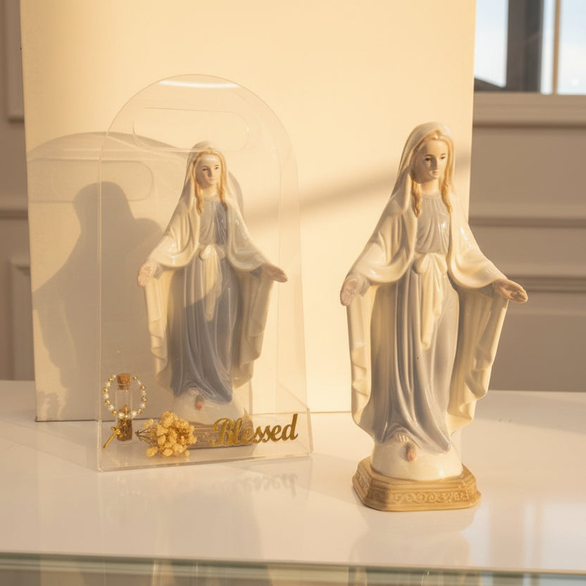 Two Marian statues in powder blue and cream, one inside a clear arched case
