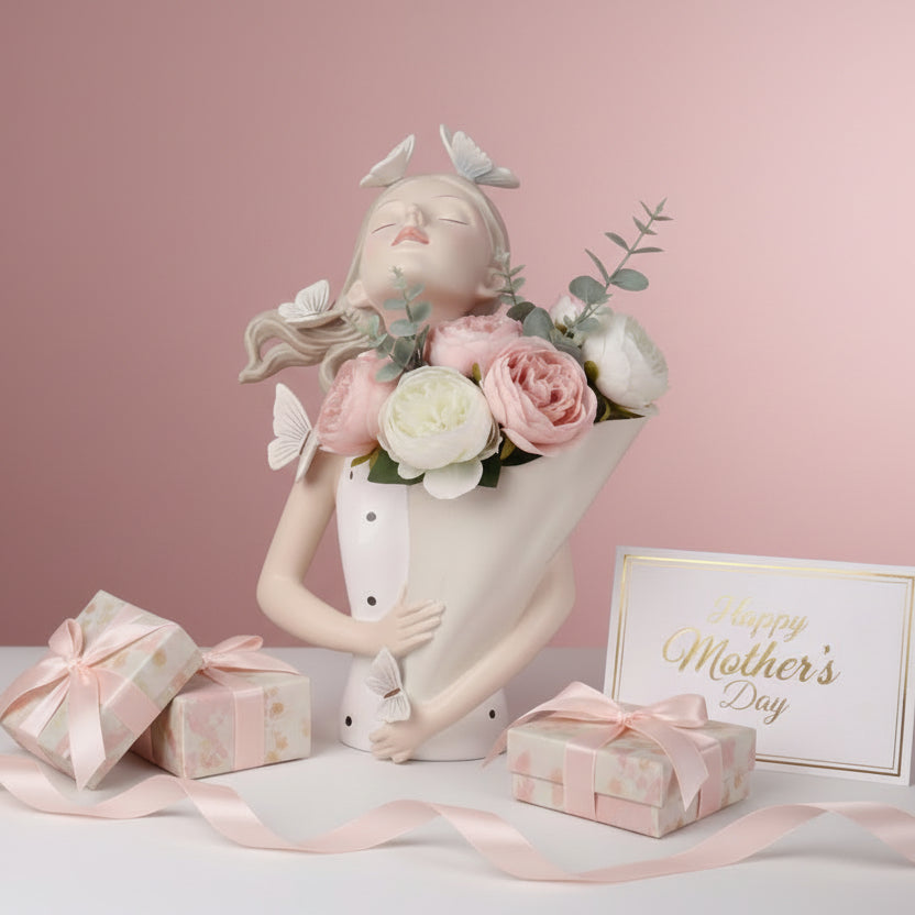 The butterfly bust vase beside blush gift boxes tied with soft pink satin bows