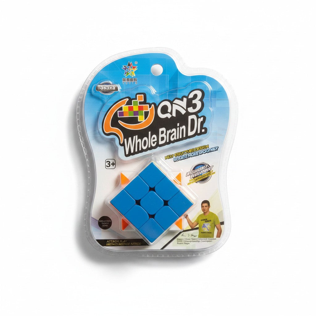 Blue 3x3 magic cube on a blue blister card