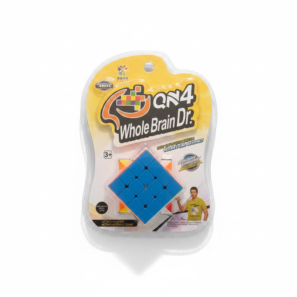 Blue 4x4 magic cube on a yellow blister card
