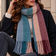 Blanket scarf striped in pale blue, teal, blush and berry with twisted tassels