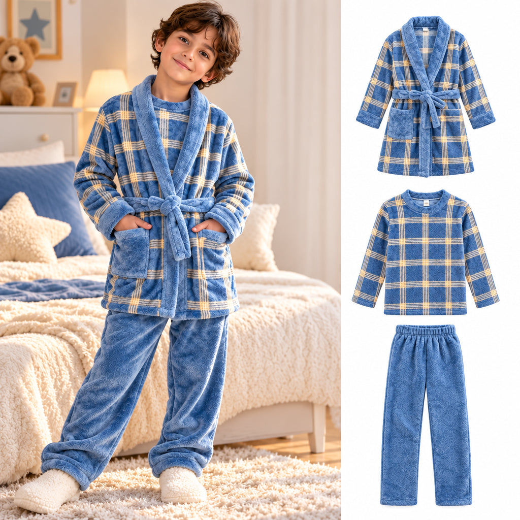 Boy in a blue and yellow plaid robe and blue trousers, shown beside the robe, top and trousers