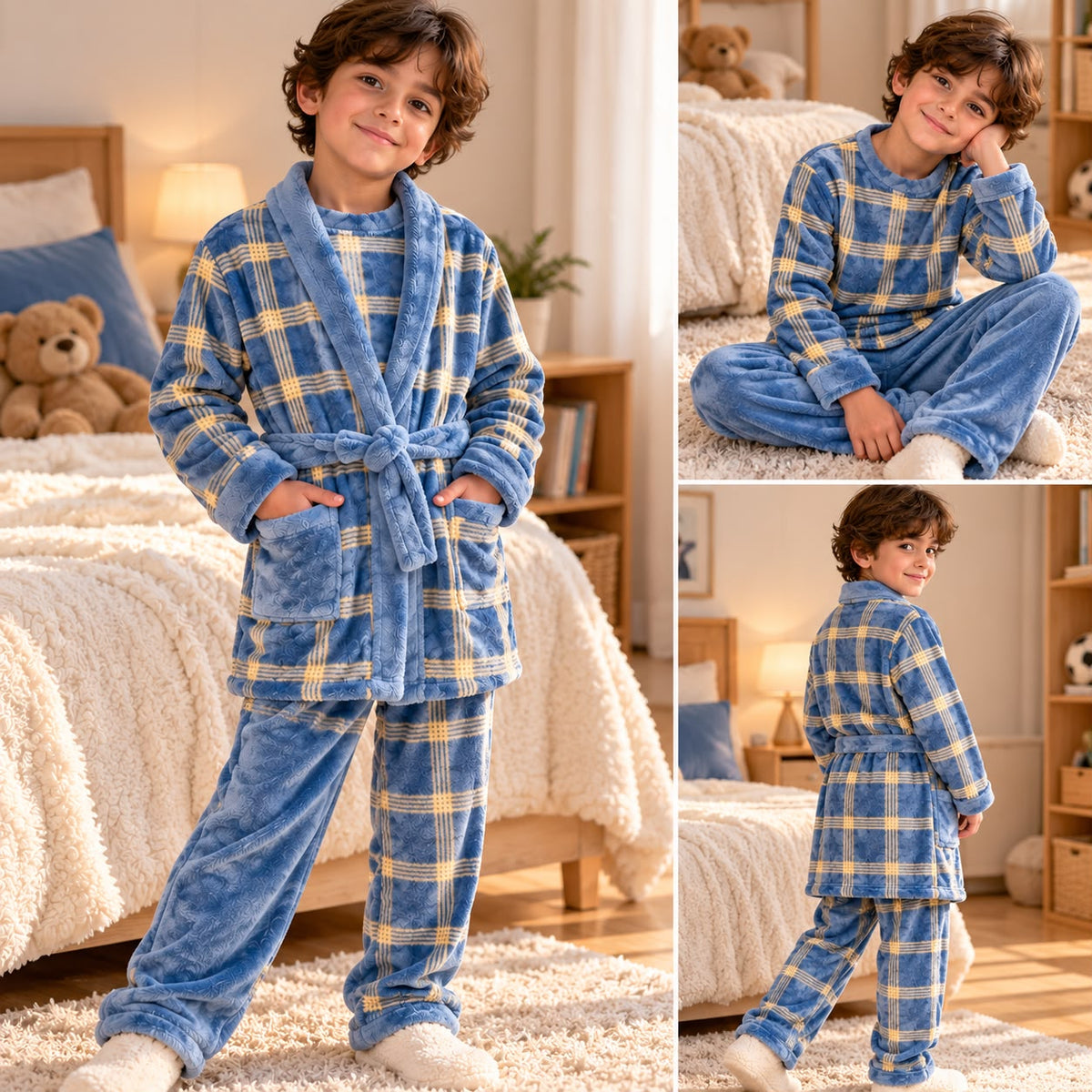 Boy in a blue and yellow plaid fleece robe with matching top and plain blue trousers