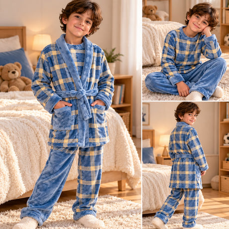 Boy in a blue and yellow plaid fleece robe with matching top and plain blue trousers