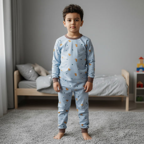 Boy in a light blue animal print pyjama set with brown cuffs, Jack Gifts Online Lebanon