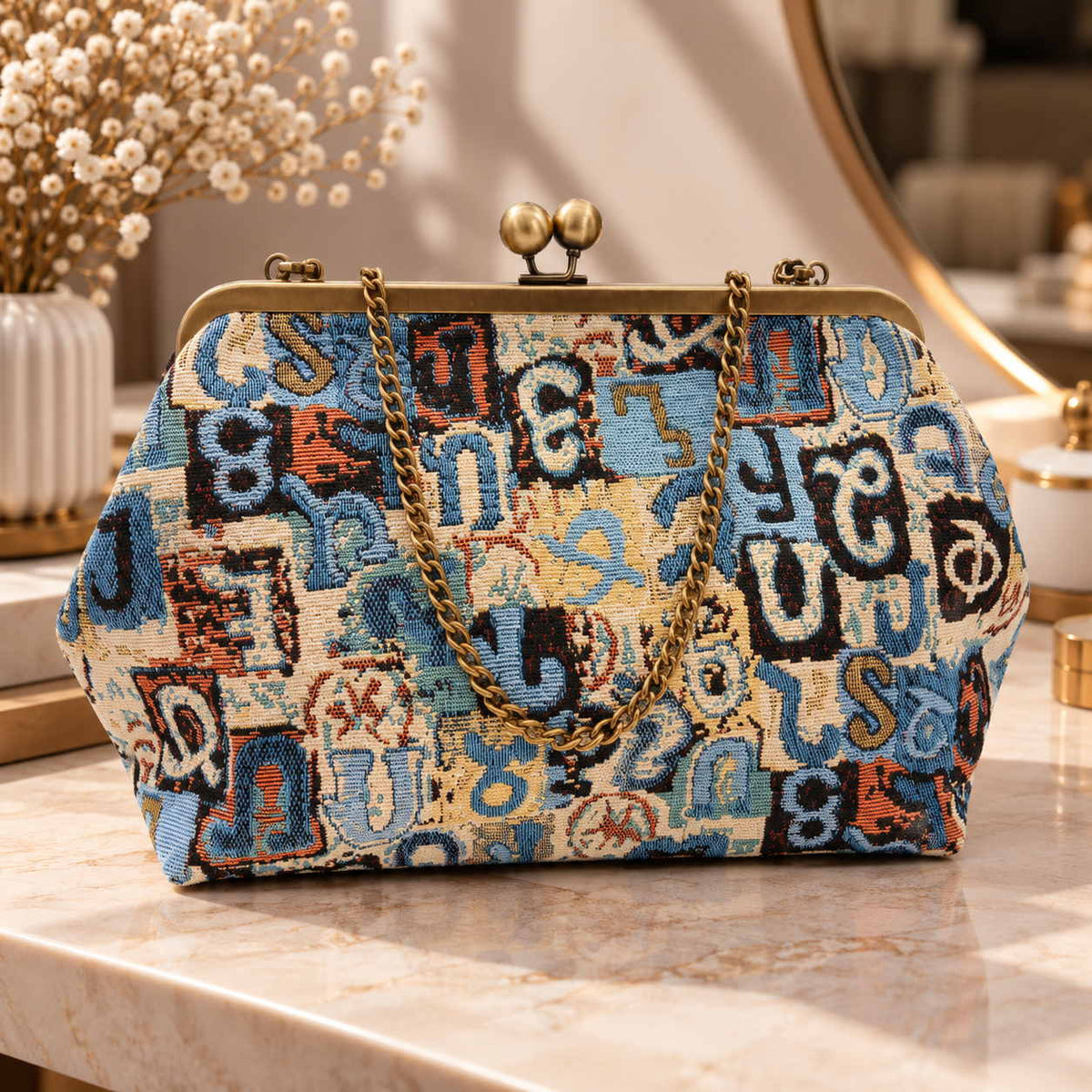 Blue and cream tapestry handbag with Armenian letters, brass kiss clasp and chain strap on a marble vanity
