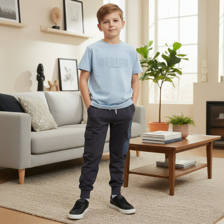 Boys light blue tee with a grey Design print and navy cargo joggers, two piece boys set