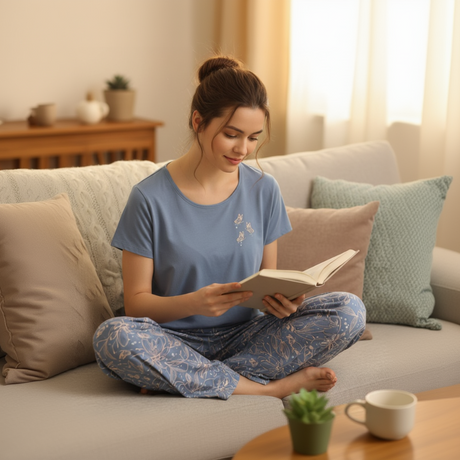 Woman reading a book on a couch in a cozy living room.