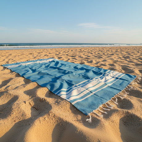 Blue and white striped beach towel with tassel edges on sandy beach with ocean view