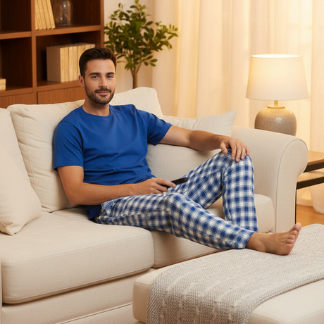 Blue checkered pyjama set worn relaxing on a sofa in warm lamplight