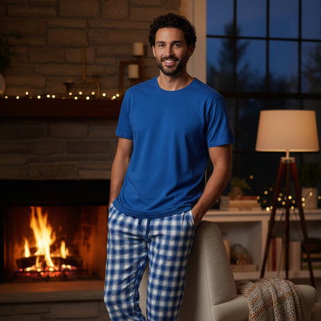 Royal blue tee with blue and white checked lounge pants