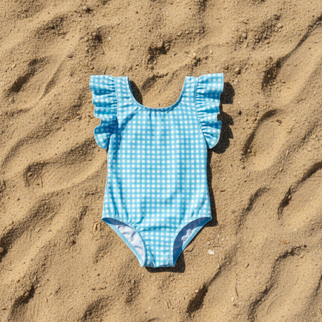 Blue checkered onepiece swimsuit flat lay on sand