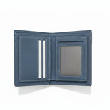 Blue leather wallet opened on a white background