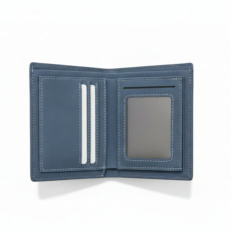 Blue leather wallet opened on a white background