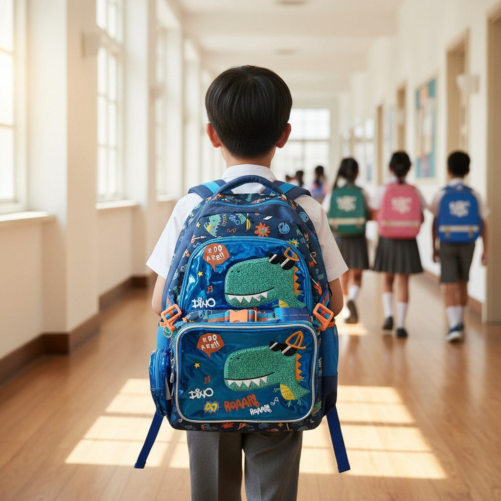 Boy wearing a blue dino school backpack with green T-rex patch and matching lunch bag