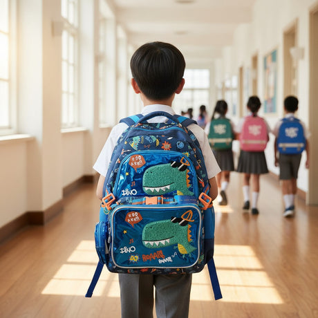 Boy wearing a blue dino school backpack with green T-rex patch and matching lunch bag