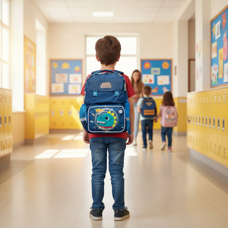 Boy wearing a blue dino face school backpack in a school hallway