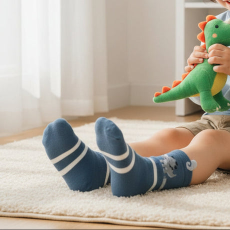 Blue dinosaur socks with cream stripe cuff worn beside a bed