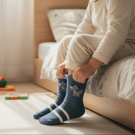 Kids denim blue crew socks with a grey dinosaur motif, Jack Gifts Online Lebanon