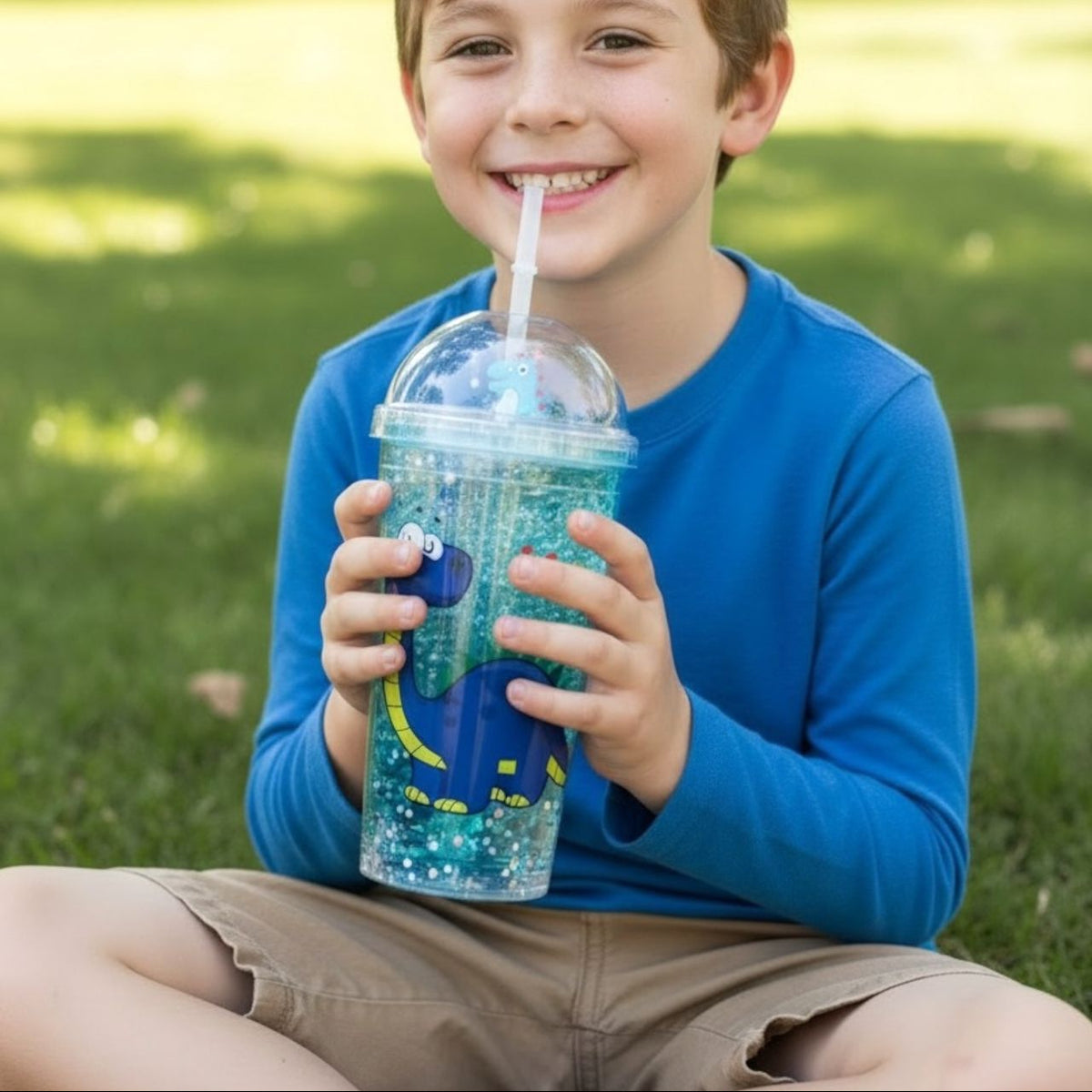 Boy on the grass drinking from an aqua dinosaur glitter cup