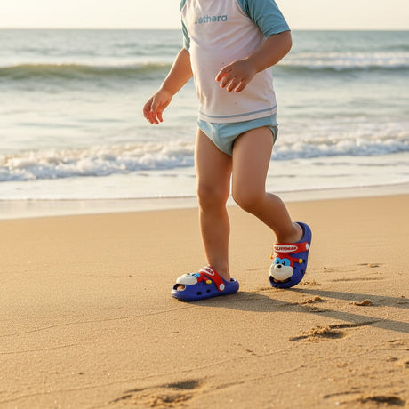 Child walking on a sandy beach wearing colorful sandals
