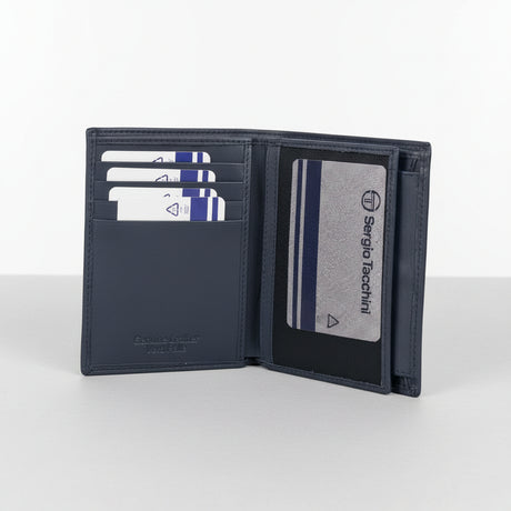 Open blue wallet with cards and a cardholder on a white background