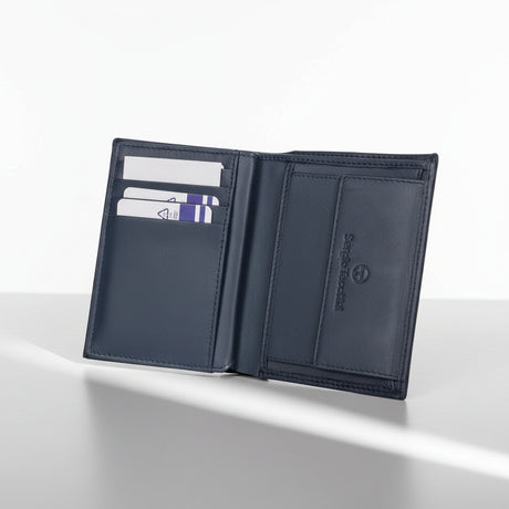Open blue leather wallet with card slots on a white background
