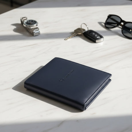 Blue leather wallet on a light wooden surface with keys, sunglasses, and a watch