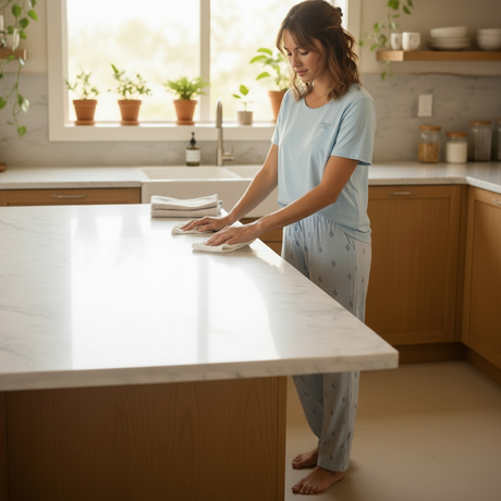 Woman wearing light blue printed pyjama set in kitchen - soft breathable everyday homewear Lebanon