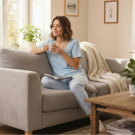 Woman in blue printed pyjama set reading with a mug on sofa - cozy loungewear gift Lebanon