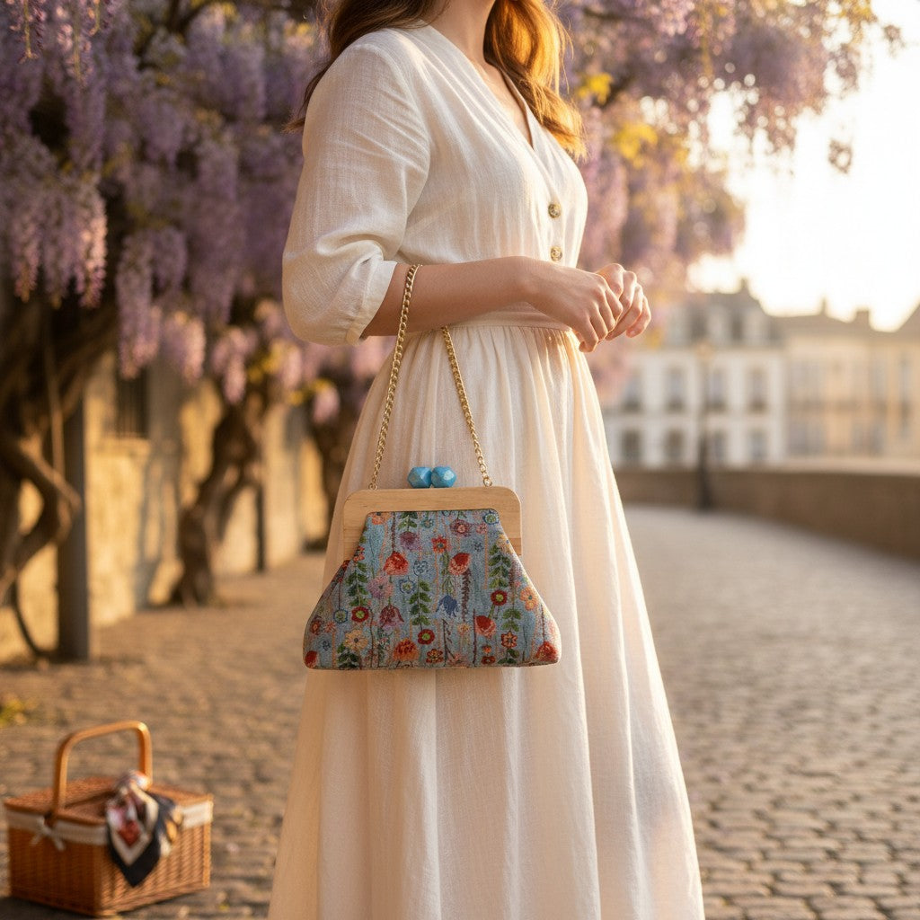 Woman carrying a floral frame handbag by its gold chain strap outdoors