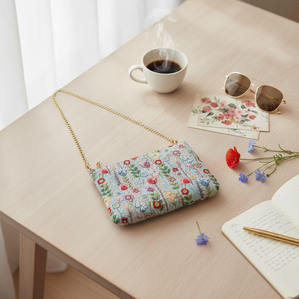 Meadow floral tapestry bag laid on a desk with fresh flowers