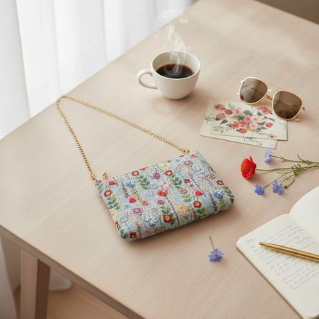 Meadow floral tapestry bag laid on a desk with fresh flowers