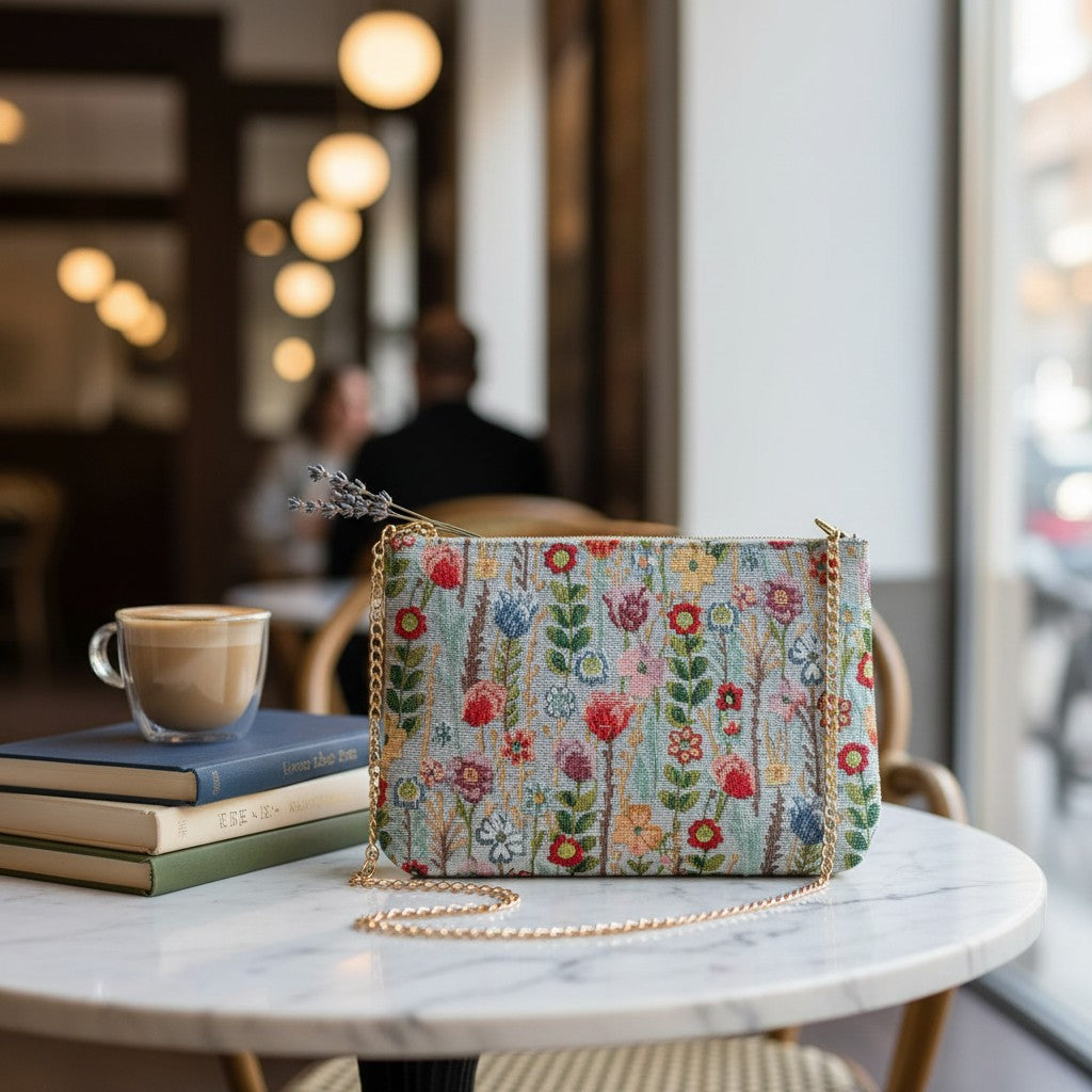 Blue floral tapestry crossbody bag with a gold chain on a marble table