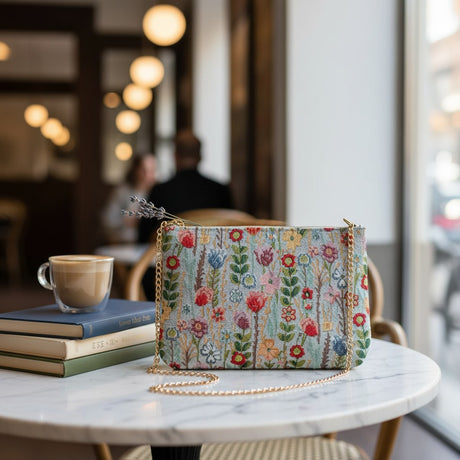 Blue floral tapestry crossbody bag with a gold chain on a marble table