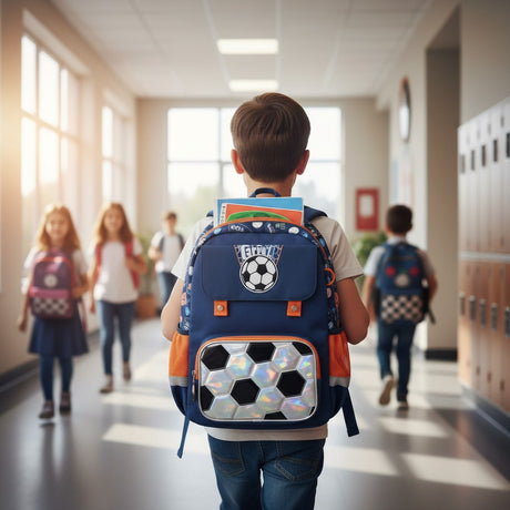Boy wearing a navy blue football school backpack with orange trim – Jack Gifts Online Lebanon