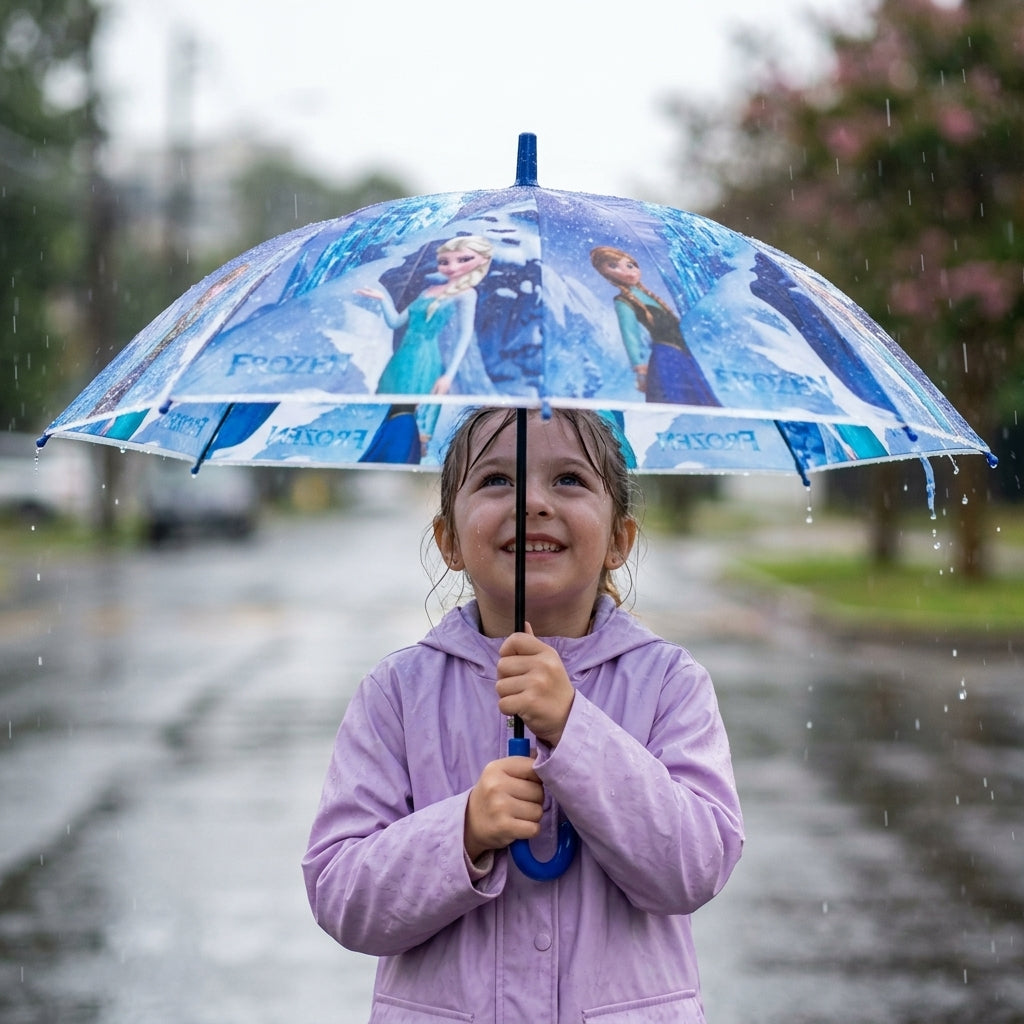 Girl in a lilac raincoat smiling under a blue umbrella with Frozen